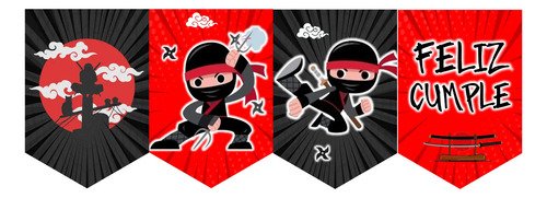 Banderín Para Cumpleaños Decoración Cumpleaños Niños Ninja Negro Y Rojo Ninja Niño - Imagen 2