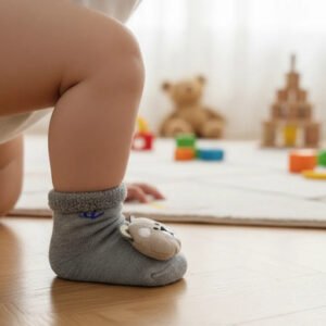 2 Pares De Medias Escarpines Para Bebé Con Diseño Animalitos Gris De Puntos S