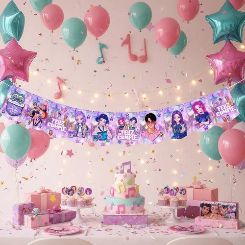 Banderin Decoración Feliz Cumpleaños Guerreras K-pop!! Lila Hunter Guerreras K-pop