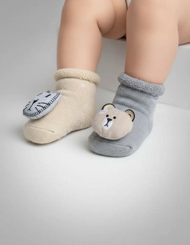 2 Pares De Medias Escarpines Para Bebé Con Diseño Animalitos Gris De Puntos S - Imagen 3